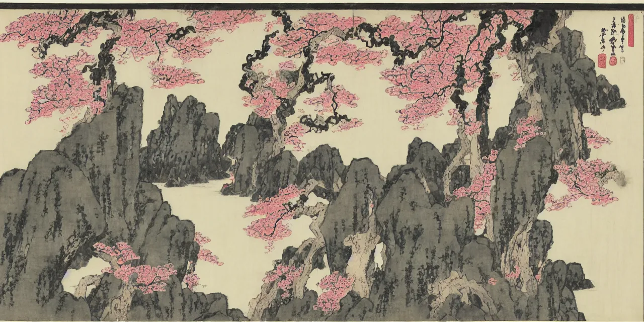 Image similar to sakuras, taoist monks and temples in huangshan, artwork by katsushika hokusai and utagawa hiroshige on old parchment