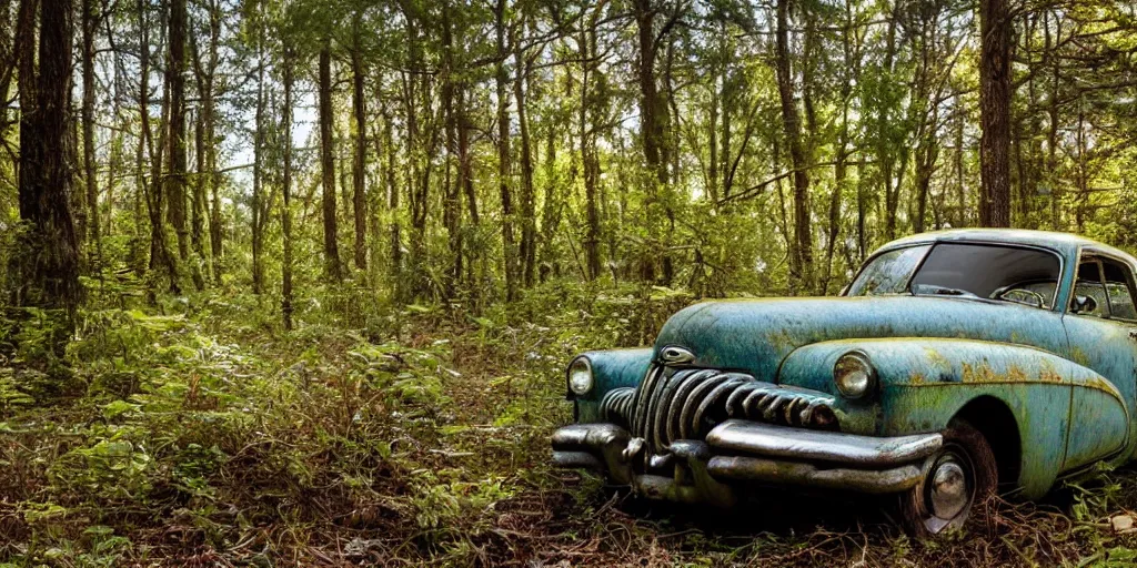 Prompt: Photograph of an abandoned rusty 1950's Buick in a forest, overgrown with vegetation, sun shining through the trees, backlit, crepuscular rays, 8k, ultra detailed close up