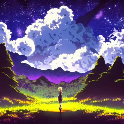 A stunning cute anime-style purpleish landscape in 4k resolution gif