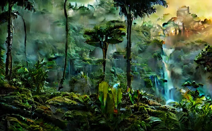 Image similar to a beautiful render of a dark prehistoric rainforest, lush flora, patches of sky, sunset, mountains and a waterfall in the background, intricate detail, hazy, humid, volumetric lighting, 8 k, photorealistic, raytracing effects, unreal engine 5