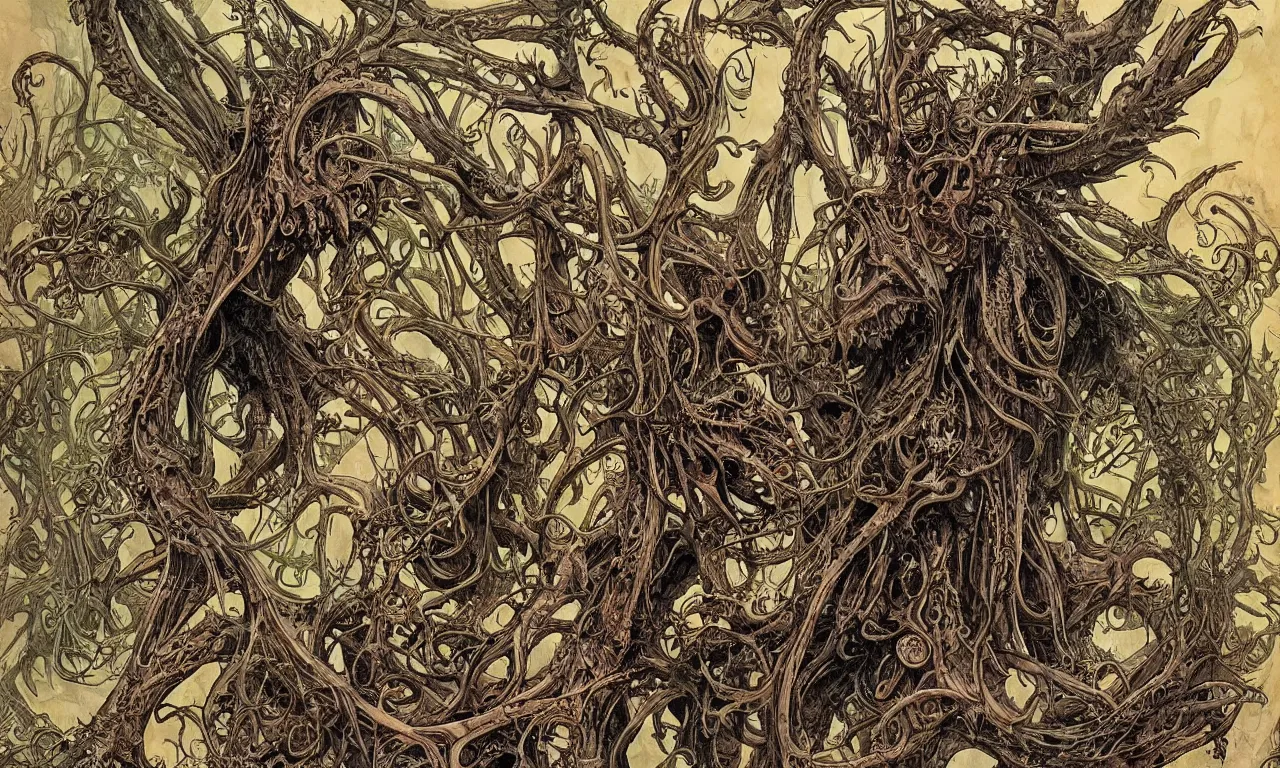 Image similar to hyperdetailed art nouveau portrait of treebeard as a cthulhu eyeball skull dragon chimera, by geof darrow, simon bisley and bill sienkiewicz, grim yet sparkling atmosphere, photorealism, claws, skeleton, antlers, fangs, forest, wild, crazy, horror, lynn varley, lovern kindzierski, steve oliff