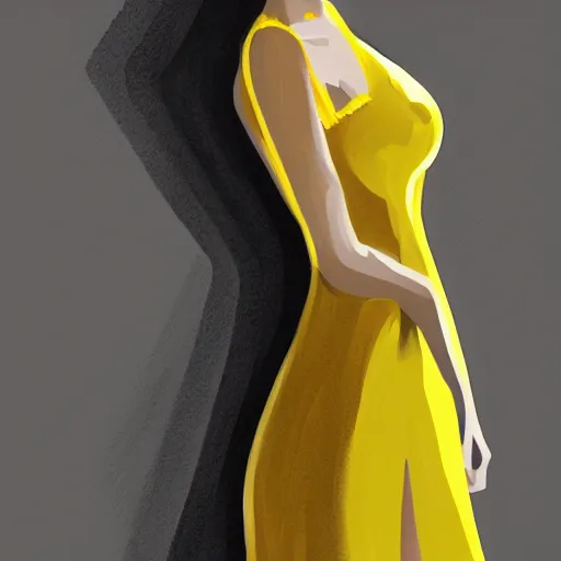 Image similar to a woman wearing a yellow dress with one leg revealed, detailed body structure, detailed face with pink lips and blue eyes, gothic atmosphere, digital art, highly detailed, high contrast, beautiful lighting, award winning, trending on art station, photorealistic, 8 k,