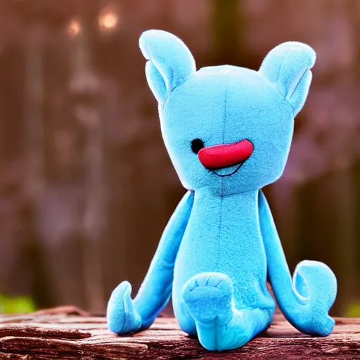 Image similar to blue snappy gifts mascot from snappy. com as plush doll in magical forest, gifts, dark atmosphere, high detail, soft lighting, 8 k