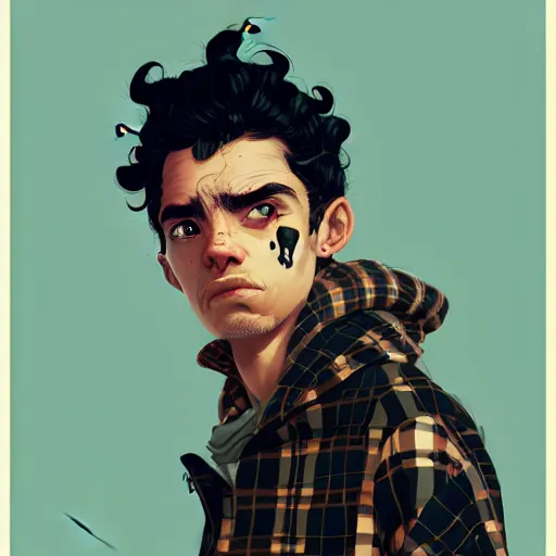 Image similar to highly detailed portrait of a sewer punk guy worker, thirties, black hair, brown eyes, tartan hoody, short curly hair by atey ghailan, by greg rutkowski, by greg tocchini, by james gilleard, by joe fenton, by kaethe butcher, gradient blue, brown, light blue and white color scheme,