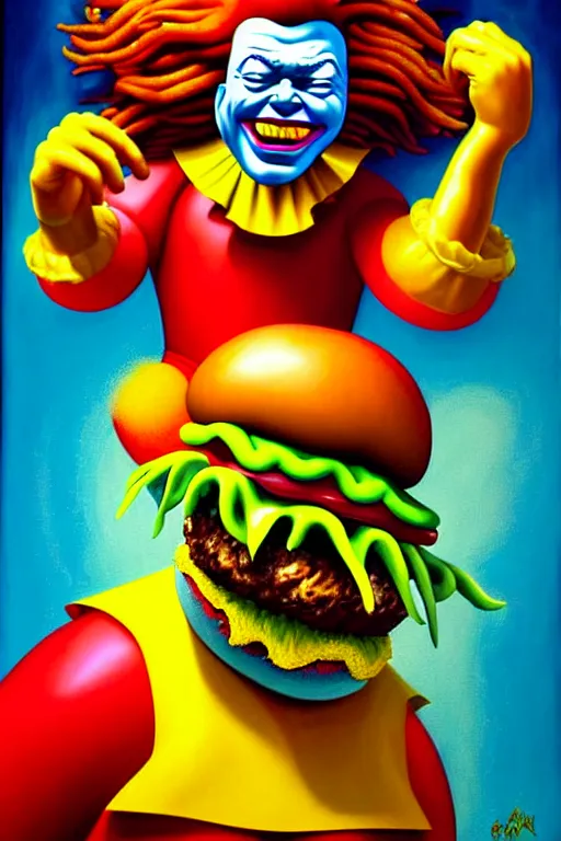 Image similar to a hyperrealistic painting of an epic boss fight ronald mcdonald vs burger king cinematic horror by chris cunningham, lisa frank, richard corben, highly detailed, vivid color,