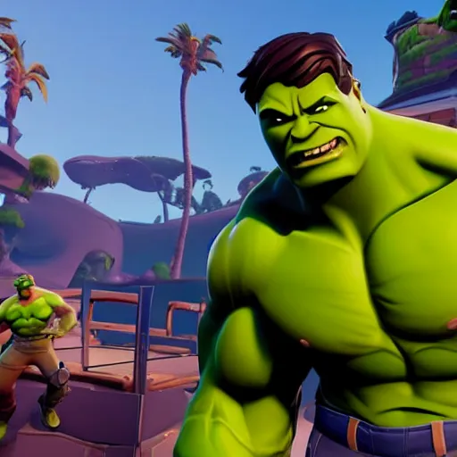 Prompt: hulk in fortnite, 4 k, high detail, high - resolution photograph, professional photography, ultra - detail