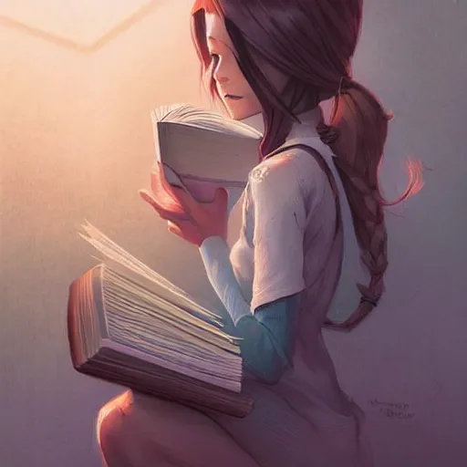 Image similar to a pixar girl reading a book, long hair flowing down, symmetrical, style of by Jordan Grimmer and greg rutkowski, crisp lines and color,