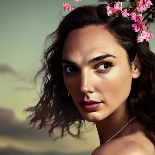 Image similar to fine art photo of the beauty gal gadot, she is posing while maintain a sweet eye contact to the camera, she has a crown of flowers, the photo was taken at sunset with a bokeh effect, by iris van herpen, photorealistic, matte painting, hyper realistic, 4 k, 8 k, cinematic composition, hd, highly detailed, trending on artstation