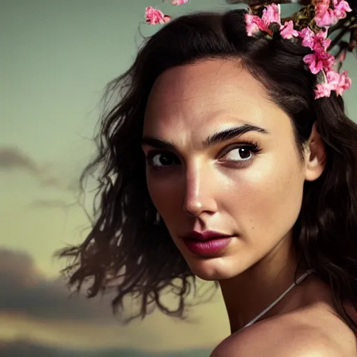 Prompt: fine art photo of the beauty gal gadot, she is posing while maintain a sweet eye contact to the camera, she has a crown of flowers, the photo was taken at sunset with a bokeh effect, by iris van herpen, photorealistic, matte painting, hyper realistic, 4 k, 8 k, cinematic composition, hd, highly detailed, trending on artstation