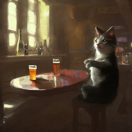 Image similar to a cat in a pub with beer, painting by craig mullins, octane rendering, soft morning lighting, wide angle lens, in the style of hayao miyazaki, trending on artstation,