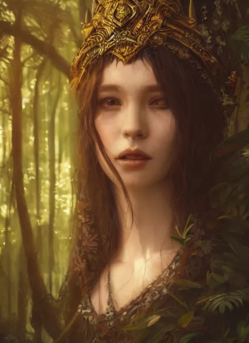 Image similar to Beautiful art portrait of a female fantasy priestess in a dark temple surrounded by lush forest, evening, atmospheric lighting, intricate detail, cgsociety, hyperrealistic, octane render, RPG portrait, ambient light, dynamic lighting