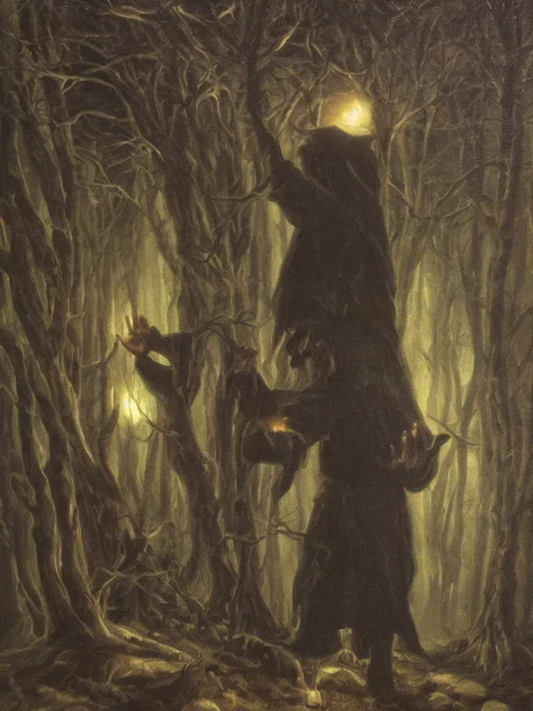 Prompt: Warlock walking in dark spruce woods and casting a spell with his hand. Chiaroscuro oil painting.