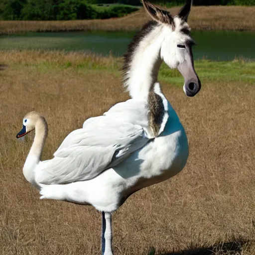 Prompt: photo of a hybrid between a swan and a donkey