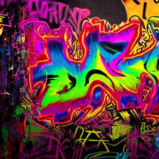 Prompt: a photograph of gritty psychedelic graffiti sprayed on a black background, concept art, 4 k, unreal render, octane, trending on artstation