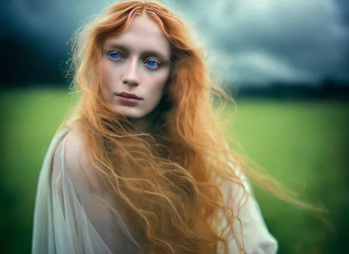 Image similar to cinestill 5 0 d photo of a pre - raphaelite blond beautiful woman, dreamy mood, fine art photography in style of gilles zimmermann, 1 5 0 mm, f 1. 2, emotionally evoking, head in focus, stormy clouds outdoor, matt mute colour background, volumetric lighting, hyper realistic, ultra detailed