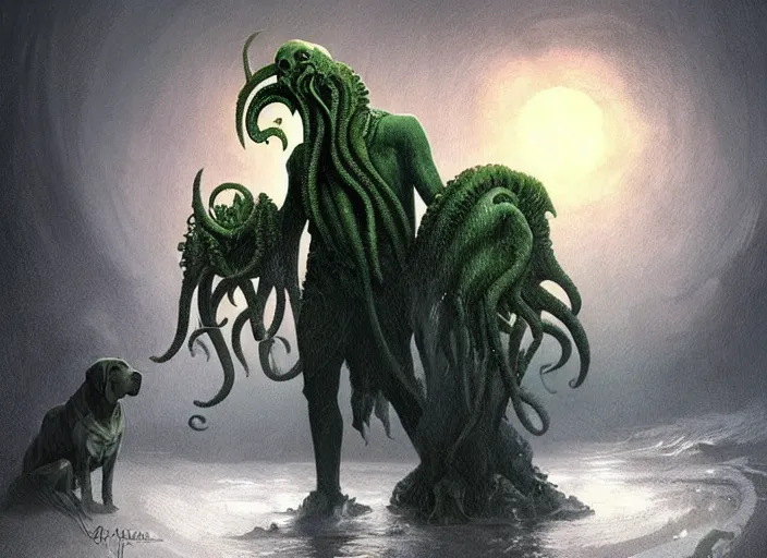 Prompt: A cthulhu and dog mix, highly detailed, in the style of romanticism, cinematic, artstation, Moebius, Greg rutkowski