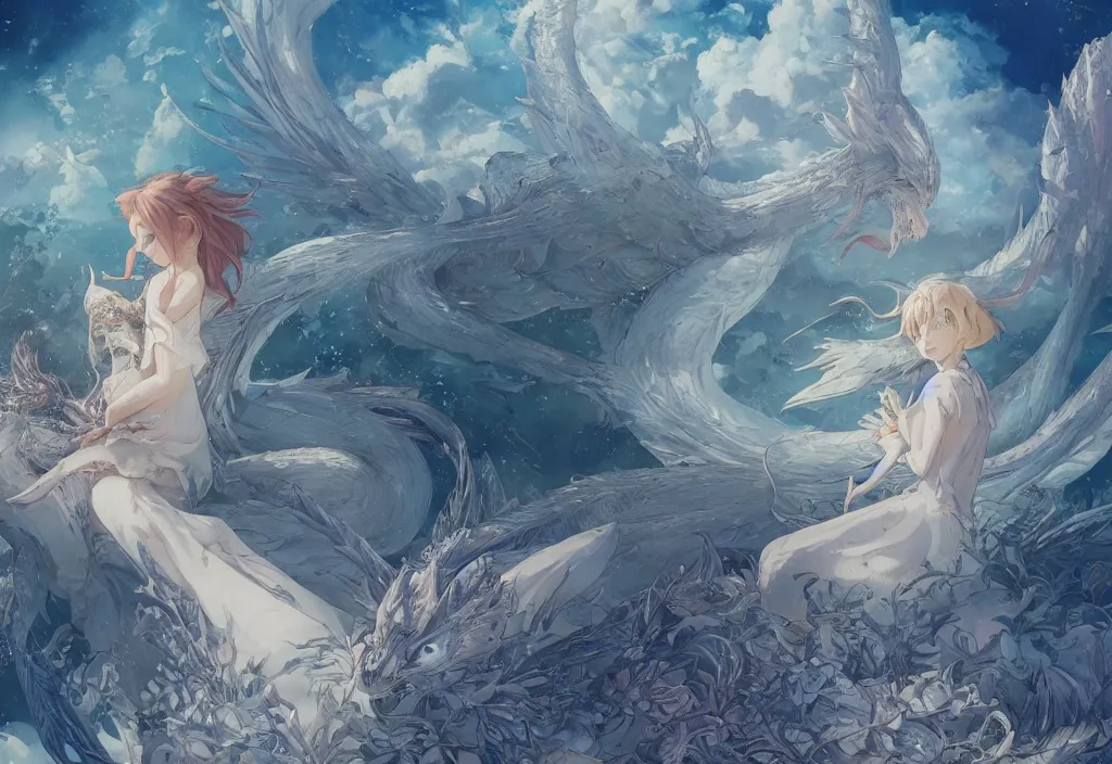 Image similar to the beautiful hyper detailed scene render that a lonely single beautiful girl lies in the arms of a huge silver dragon alone in the fairyland surrounded by white clouds, in the style of makoto shinkai victo ngai and peter mohrbacher studio ghibli artgerm karol bak beeple, cinematic, absolutely beautiful, ultra wide angle, animation style, 8 k hd