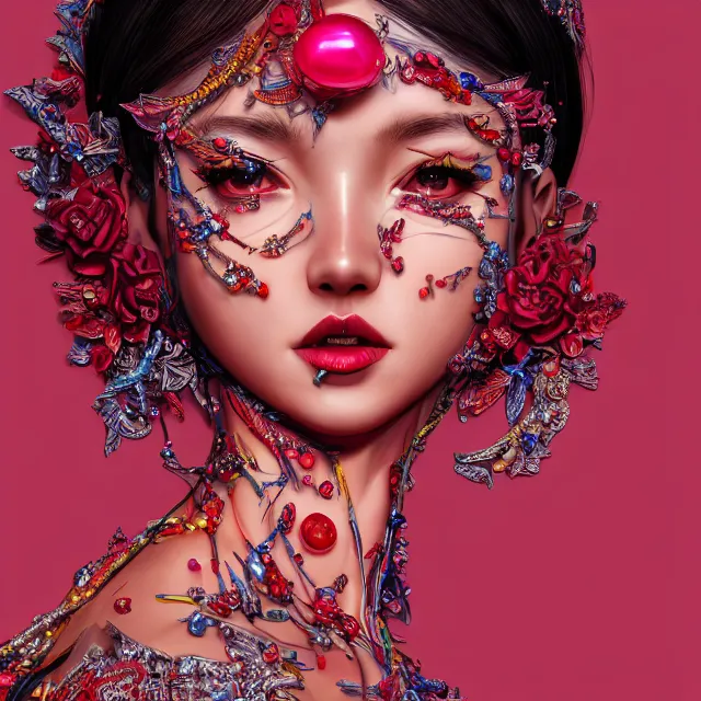 Image similar to studio portrait of absurdly beautiful, elegant, young hypercolorful gravure idol made of rubies and red gems, ultrafine hyperrealistic detailed face illustration by kim jung gi, irakli nadar, intricate linework, sharp focus, bright colors, matte, octopath traveler, final fantasy, unreal engine highly rendered, global illumination, radiant light, intricate environment