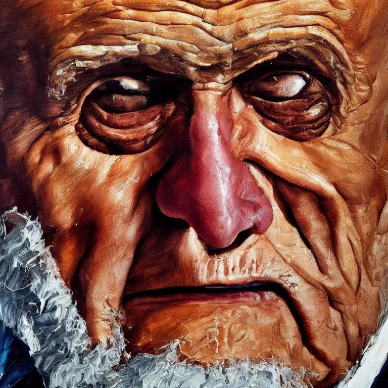 Prompt: warmly lit close up studio portrait of aging angry!! old Rudy Giuliani age 115 wrinkled furious, impasto oil painting thick brushstrokes by Lucian Freud and Cy Twombly and Tim Hawkinson , trending on artstation dramatic lighting Expressionism