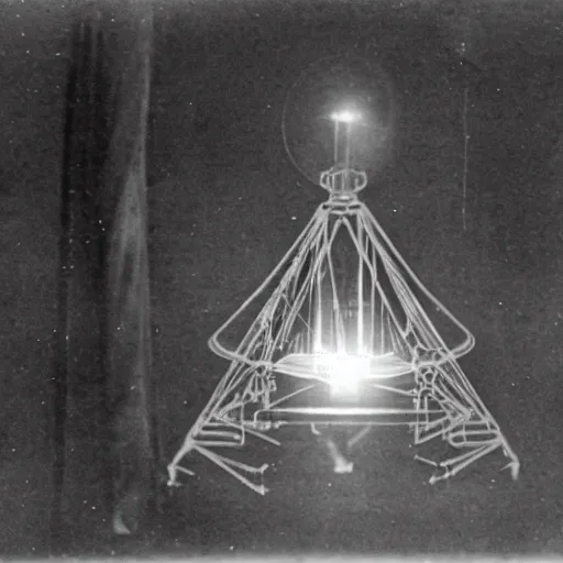 Image similar to grainy 1800s photo of a mechanical apparatus that is projecting a hologram used to communicate with an artificial intelligence