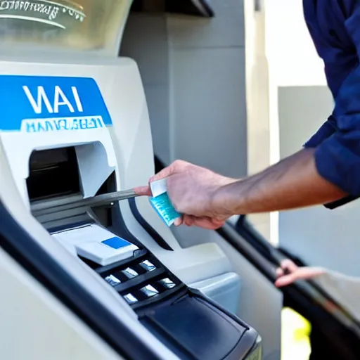 Prompt: man withdrawing fish from an atm