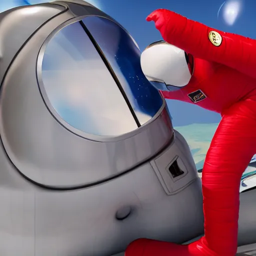 Prompt: a ( ( red suit ) ) astronaut shaped like a bean with a blue visor 4 k