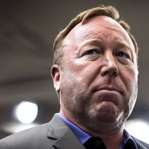 Prompt: photograph of alex jones realizing he is going to prison.
