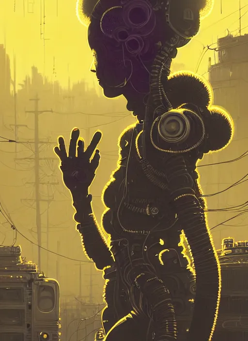 Image similar to highly detailed portrait of wasteland punk long curly bright yellow and white plasma electricity hair tribal lady, stray electric spark wiring by atey ghailan, james gilleard, by joe fenton, by greg rutkowski, by greg tocchini, by kaethe butcher, 4 k resolution, gradient yellow, black and white color scheme!!! ( ( lightning cloudy robotic dystopian city background ) )