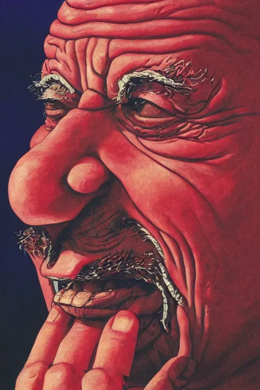 Prompt: a closeup portrait of an old moroccan man licking a blotter paper of LSD acid on his tongue and dreaming psychedelic hallucinations, by kawase hasui, moebius, Edward Hopper and James Gilleard, Zdzislaw Beksinski, Steven Outram colorful flat surreal design, hd, 8k, artstation