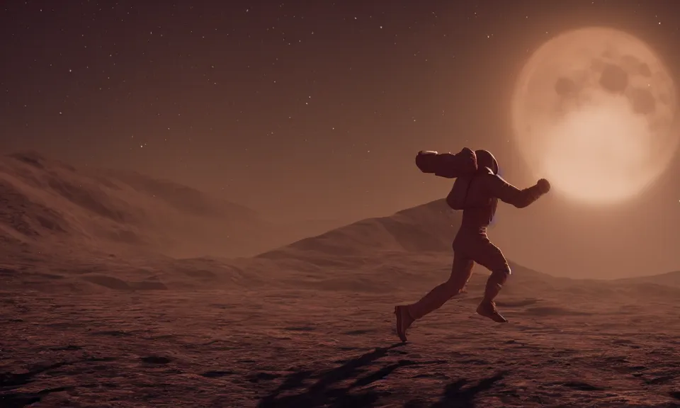 Image similar to A man running towards the moon,featured in artstation, cinematic, elegant, , 8k