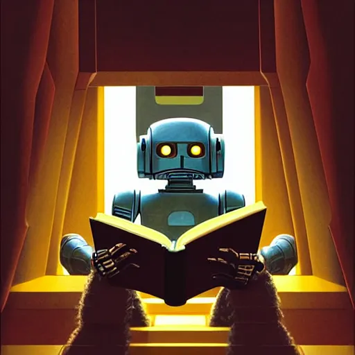 Image similar to digital painting of a droid robot reading a book, concept art, by Ralph mcquarrie, sunlight pouring through window, large scale, high detail, futuristic, godrays, volumetric lighting, warm lighting