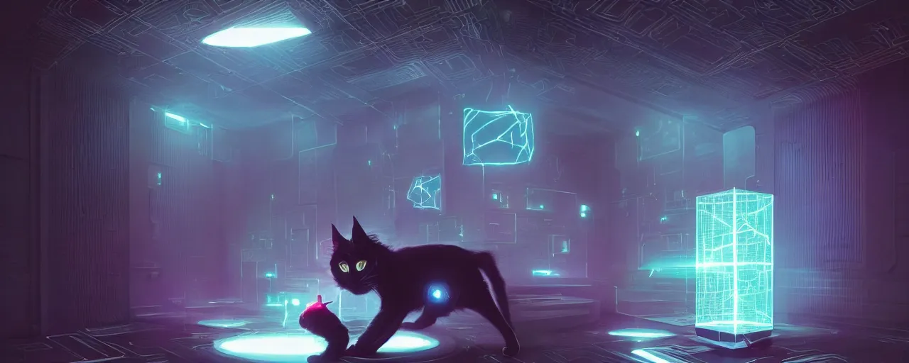 Image similar to duotone noir scifi concept illustrationt of black cat inside a quantum box glowing mesh portals, glowing eyes, octane render, surreal atmosphere, volumentric lighting. accidental renaissance. by sachin teng and sergey kolesov and ruan jia and heng z. graffiti art, scifi, fantasy, hyper detailed. trending on artstation