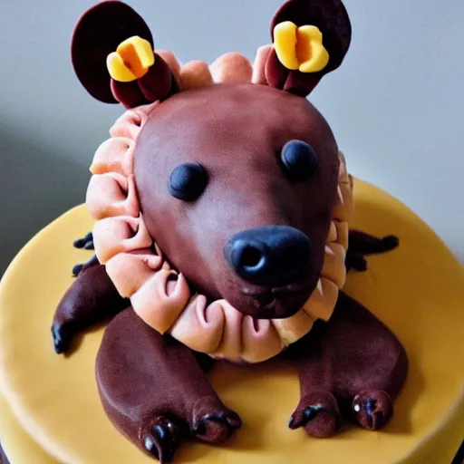 Image similar to cute hyena made of cake on top of birthday cake