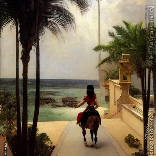 Image similar to Girl riding a horse leaving the palace through the bridge, thunderstorm, pool, beach and palm trees on the background major arcana sky, by paul delaroche, alphonse mucha and arnold böcklin arnold böcklin hyperrealistic 8k, very detailed