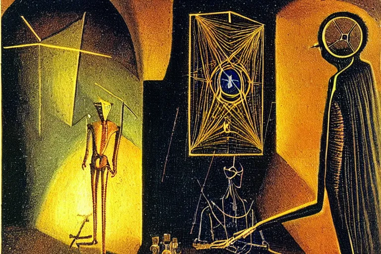 Image similar to a tarot card intricate of a cybernetic technomancer wizard consulting his AI by Remedios Varo