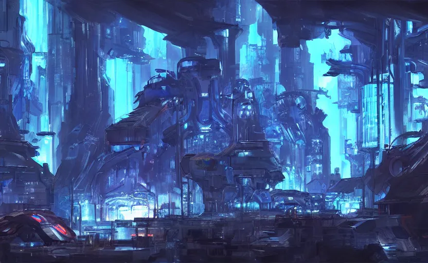 Image similar to cyberpunk factory in a dark cave, blue crystals, concept art by frank hong, mate painting, artstation