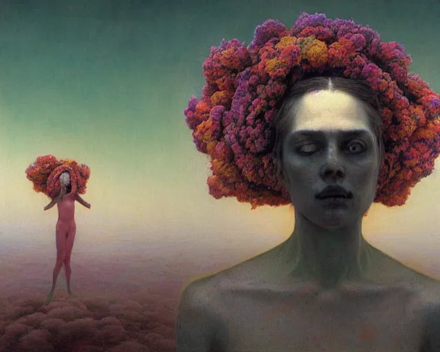 Image similar to A portrait of a woman wearing clothes made out of dying flowers, nuclear explosion in the background, Masterpiece, cyan skin, glowing, wires everywhere, by Edgar Maxence and Ross Tran, Zdzisław Beksiński, and Michael Whelan, distant, gustav dore, H.R. Giger, 8k, octane render