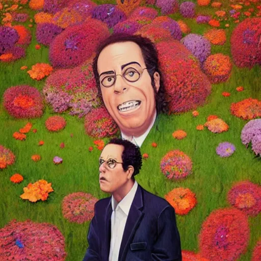 Image similar to Seinfeld made out of flowers, surreal landscaping in the background, portrait by Esao Andrews, concept art, existential horror, 4k HD, trending on ArtStation episode