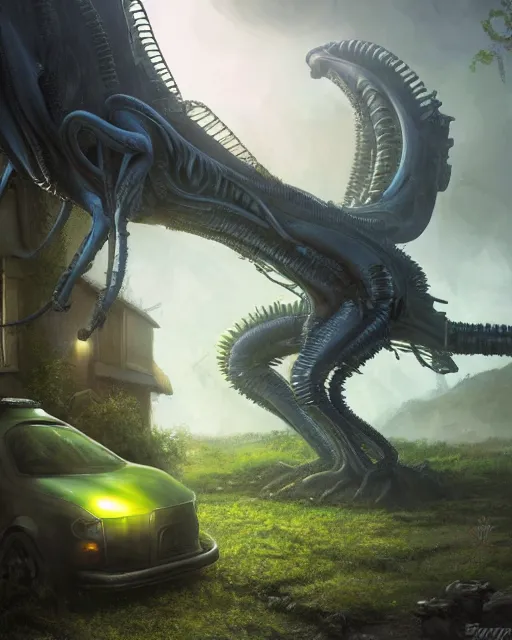 Prompt: xenomorph taxi car in a fantasy village, calming, uplifting mood, ultra realistic, farm, small buildings, alien car, highly detailed, atmosphere, masterpiece, epic lighting, elves, green plants, magic, illuminated, 4 k, cinematic, morning sun, art by eddie mendoza, sylvain sarrailh