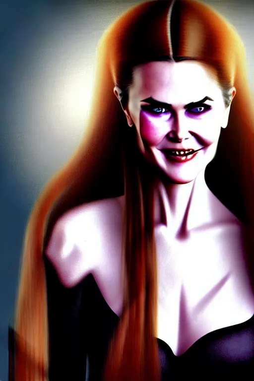 Image similar to mix of beautiful young maria shriver, mariel hemmingway, brooke shields, nicole kidman and elle macpherson as a vampire showing vampire teeth, ready to bite, thin lips, hair tied up in a pony tail, dark blonde hair, colorful, deviantart, artstation, cgsociety