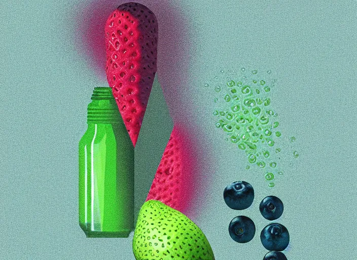 Prompt: ( ( dithered ) ), editorial illustration strawberries blueberries sliced kiwi sliced lemon inside a clear drinking bottle, isometric, modern art deco, mads berg, karolis strautniekas, christopher balaskas, stippled light, fog, fine texture, dynamic composition, matte print, muted color