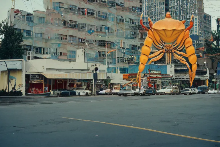 Image similar to 2 0 1 5 giant crab terrorizing a city, googie architecture, americana, fishcore, exterior photography, hd 8 k, photography cinestill