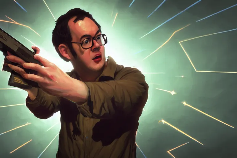 Image similar to portrait of james rolfe the angry video game nerd shooting demons with nes zapper, rule of thirds, league of legends splash art, path traced, enigmatic lighting, beige gradient, shinji aramaki, karol bak, alphonse mucha, colin searle, artstation, ray tracing, octane unreal engine 5, digital painting