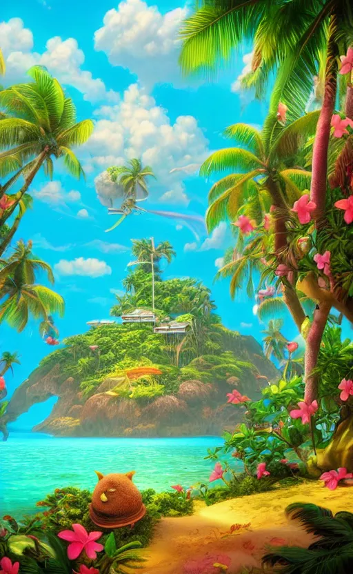 Prompt: Beautiful tropical island, Mark Ryden style, vivid colors, high details, cinematic, 8k resolution, beautiful detailed, photorealistic, digital painting, happy vibes, artstation, concept art, smooth, sharp focus, illustration, fantasy background, artstation trending, octane render, unreal engine