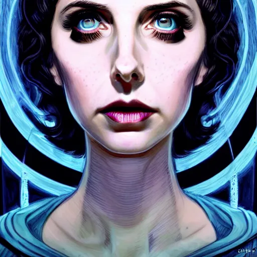Prompt: beautiful alison brie magician, black magic spells, in the style of joshua middleton, creepy pose, bioshock, spooky, symmetrical face symmetrical eyes, three point lighting, detailed realistic eyes, aquapunk, insanely detailed and intricate elegant, artgerm, underwater home