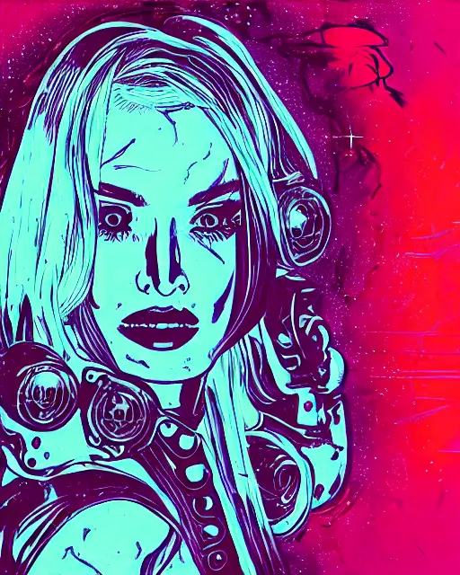 Prompt: a pulp illustration of a gorgeous kim petras in dead space, with wild blonde hair and haunted eyes, 1 9 7 0 s, space station, neon light, delicate embellishments, painterly, offset printing technique