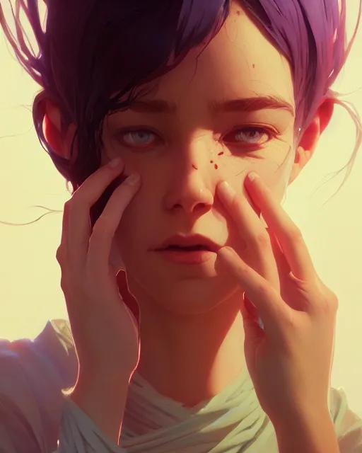 Image similar to highly detailed vfx portrait of a woman crying, unreal engine, greg rutkowski, loish, rhads, beeple, makoto shinkai and lois van baarle, ilya kuvshinov, rossdraws, tom bagshaw, alphonse mucha, global illumination, detailed and intricate environment