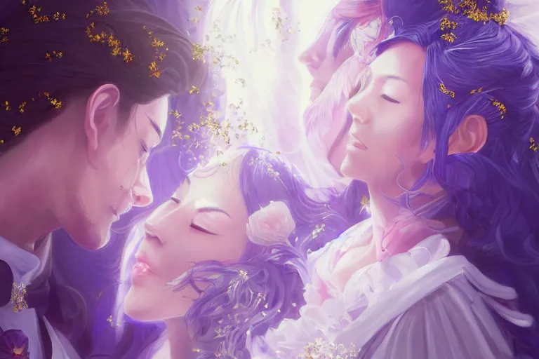 Image similar to a cinematic portrait of wedding photograph jpeg close up moment of a divine a japan sun god and moon goddess lovers magician at a wedding banquet. portraiture. digital painting. artstation. concept art. fantasy wedding photo. digital painting, 8 k realistic, hyper detailed, violet evergarden art masterpiece by art by krenz cushart