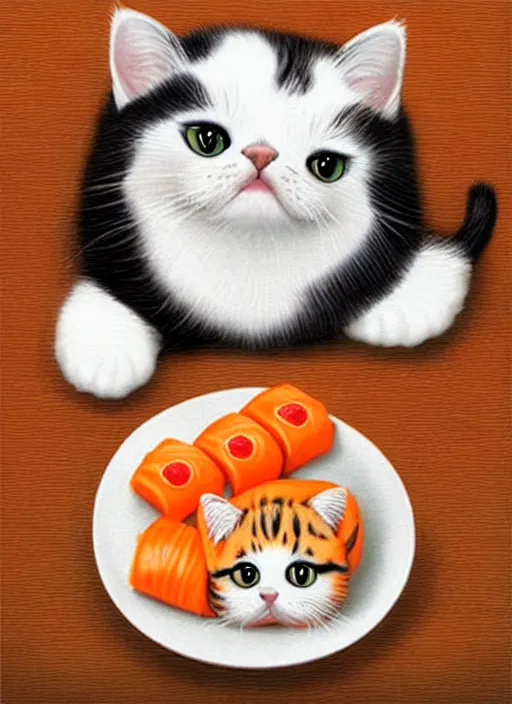 Image similar to clear photorealistic picture of adorable cats made out of sushi