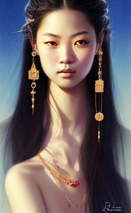 Prompt: a beautiful young charming asian goddess with sundress + jewelry + shinny eyes | | winter, symmetric, realistic shaded, unpleasant face, good looking, fine details, dior, lv, realistic shaded lighting poster by greg rutkowski, macoto takahashi, magali villeneuve, artgerm, jeremy lipkin and michael garmash